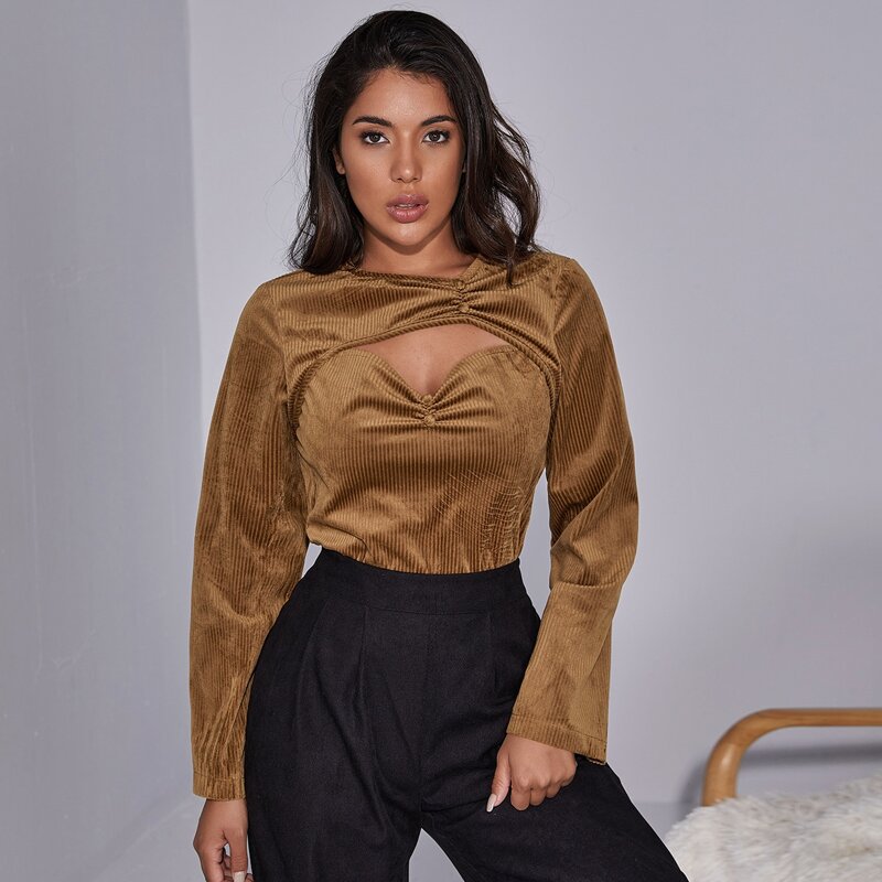 

Cut Out Front Ribbed Velvet Top, Brown