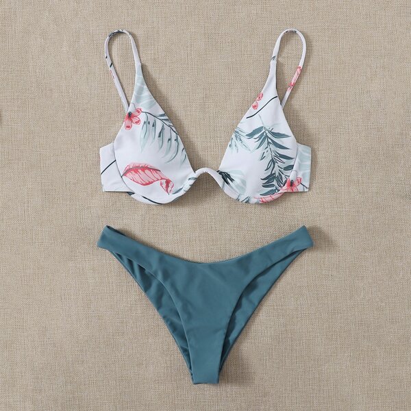 

Floral & Leaf Print Underwire Bikini Swimsuit, Multicolor