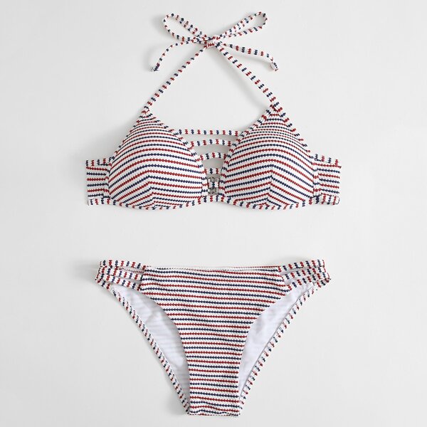 

Allover Graphic Cut-out Halter Bikini Swimsuit, Multicolor