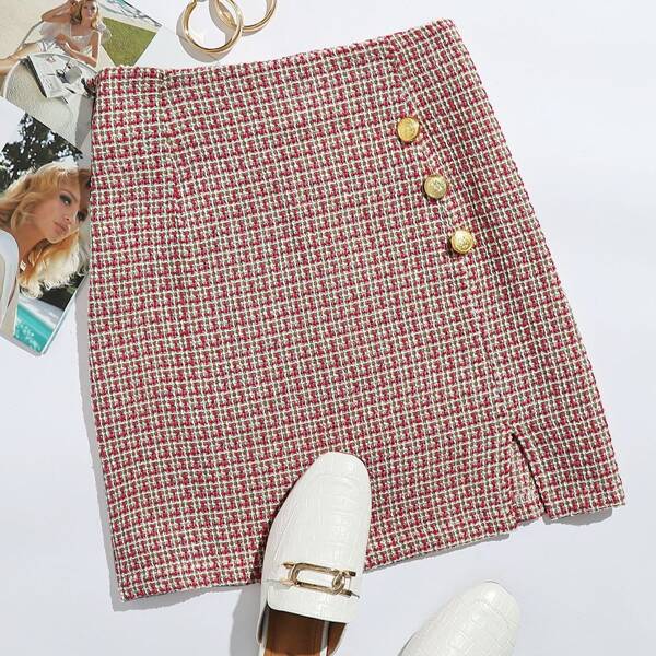 

Plaid Button Detail Slit Hem Tweed Skirt, Redwood