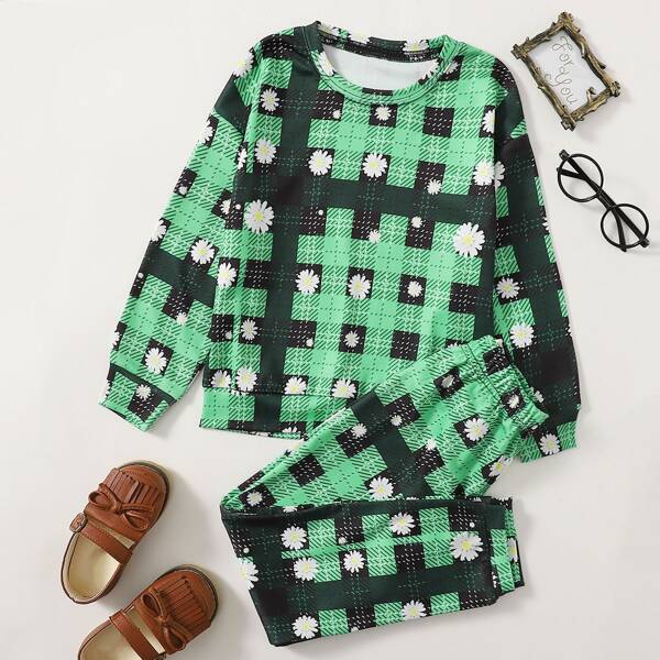 

Toddler Girls Daisy Plaid Sweatshirt With Joggers, Green
