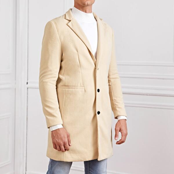 

Men Notched Collar Single Breasted Coat, Khaki