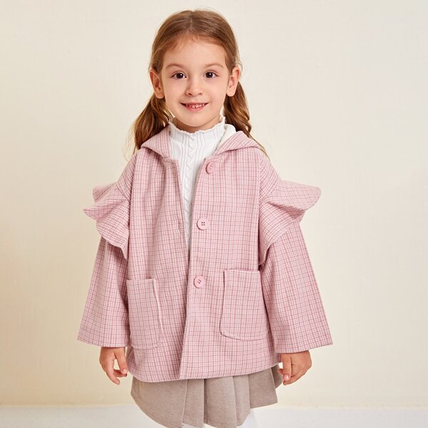

Toddler Girls Plaid Ruffle Dual Pocket Overcoat, Baby pink