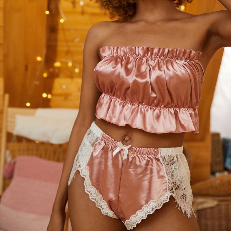 

Ruched Contrast Lace Satin Lingerie Set, Dusty pink