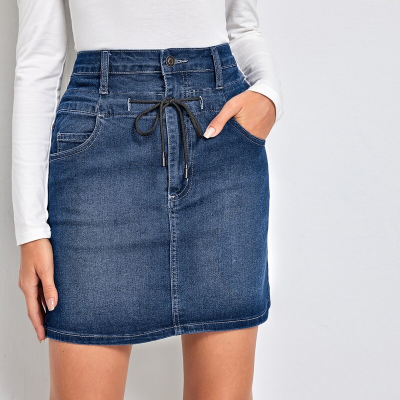 

High Waist Drawstring Denim Skirt, Dark wash