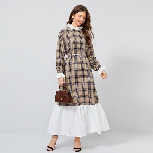 

Contrast Ruffle Panel Tartan Dress With Transparent Plastic Belt, Multicolor