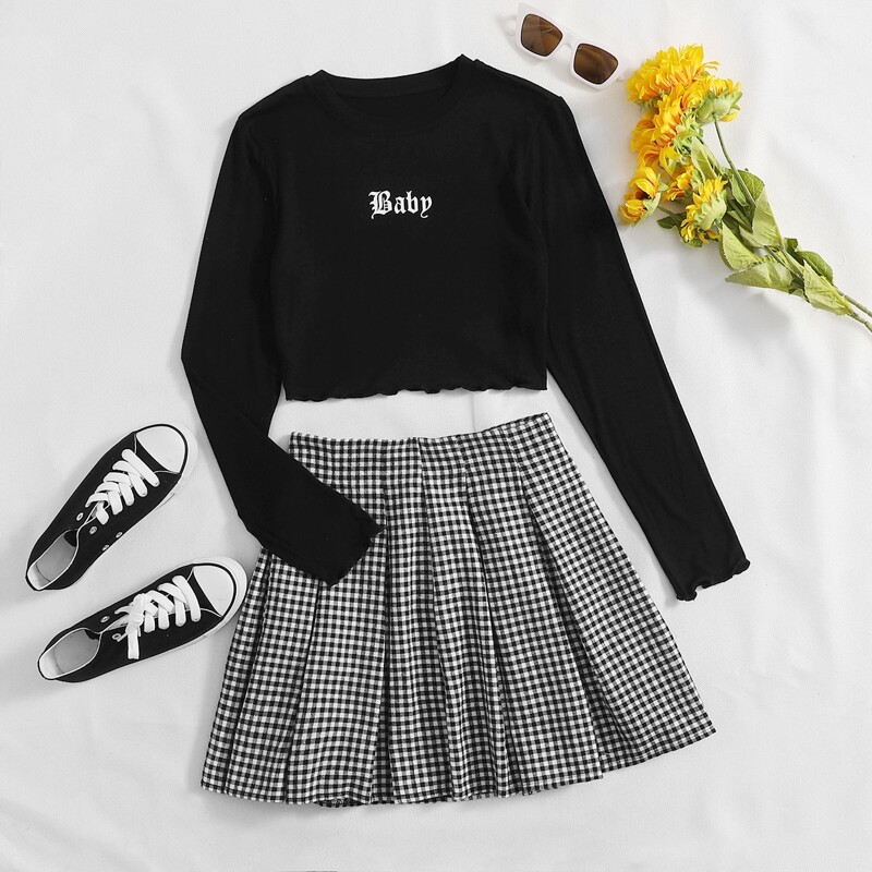 

Letter Lettuce Trim Crop Tee & Gingham Skirt, Black and white