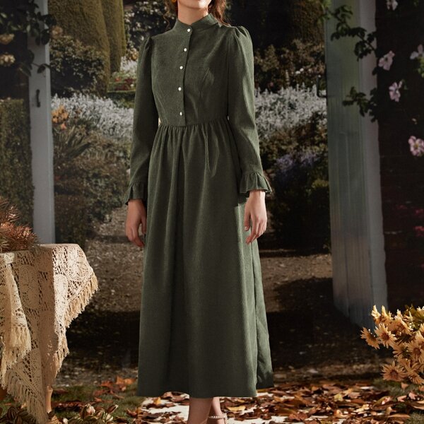 

Corduroy Flounce Sleeve Shirt Dress, Army green