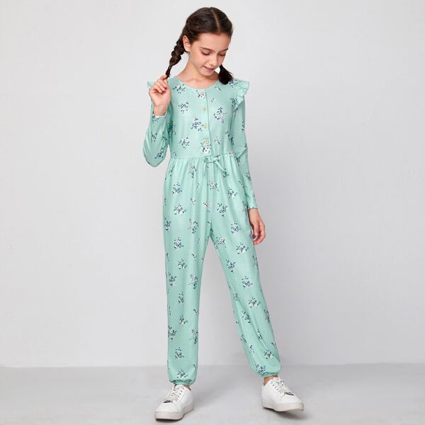 

Girls Ruffle Trim Knot Front Floral Jumpsuit, Mint green