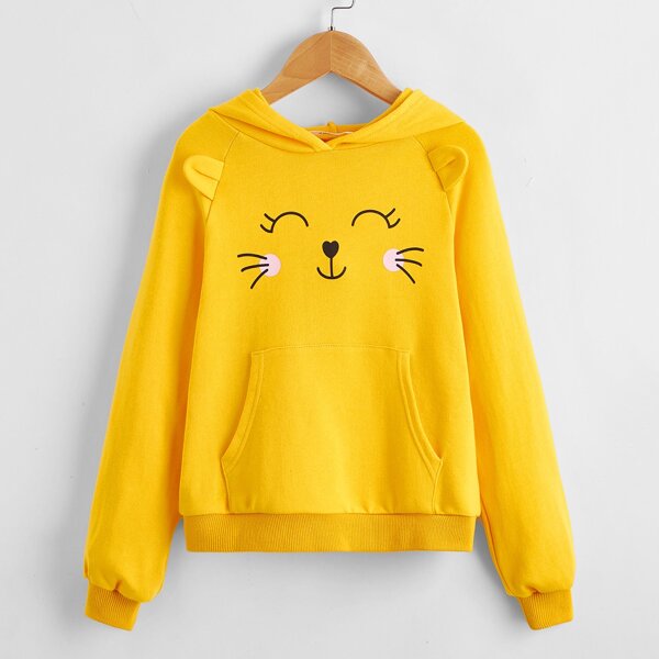 

Girls Ear Detail Cartoon Print Hoodie, Yellow