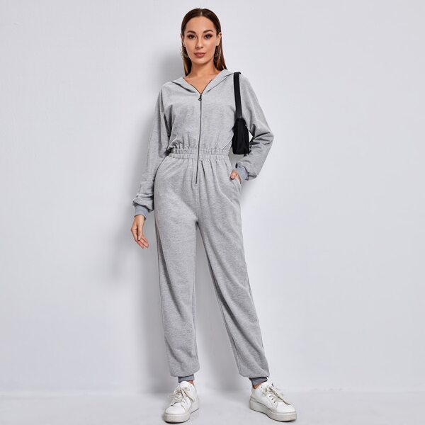 

Raglan Sleeve Zip Pocket Sweatshirt Jumpsuit, Light grey