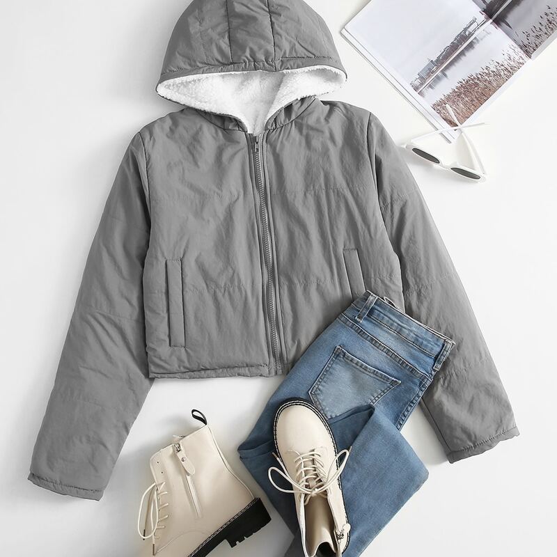 

Sherpa Lined Zip Up Hooded Jacket, Grey
