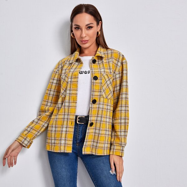 

Drop Shoulder Buttoned Tartan Coat, Mustard yellow