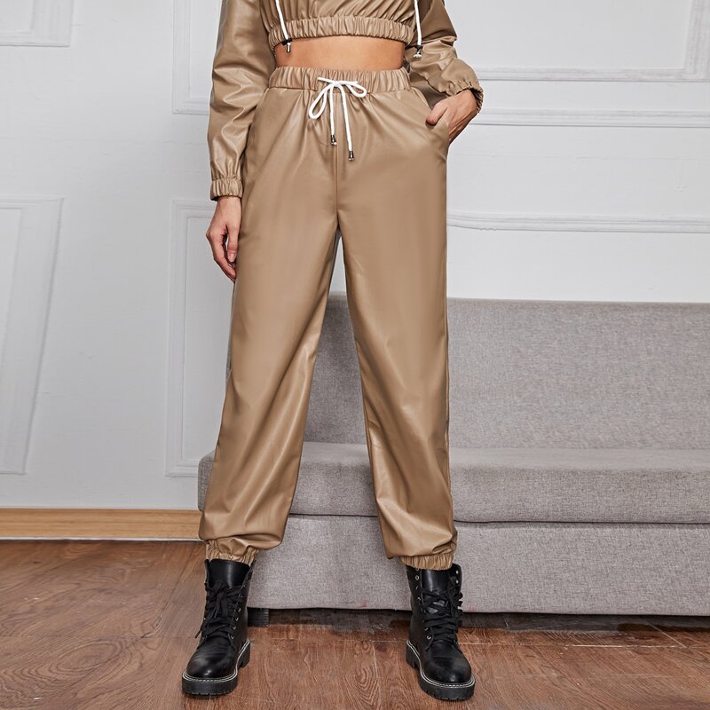 

Drawstring Waist PU Leather Pants, Camel