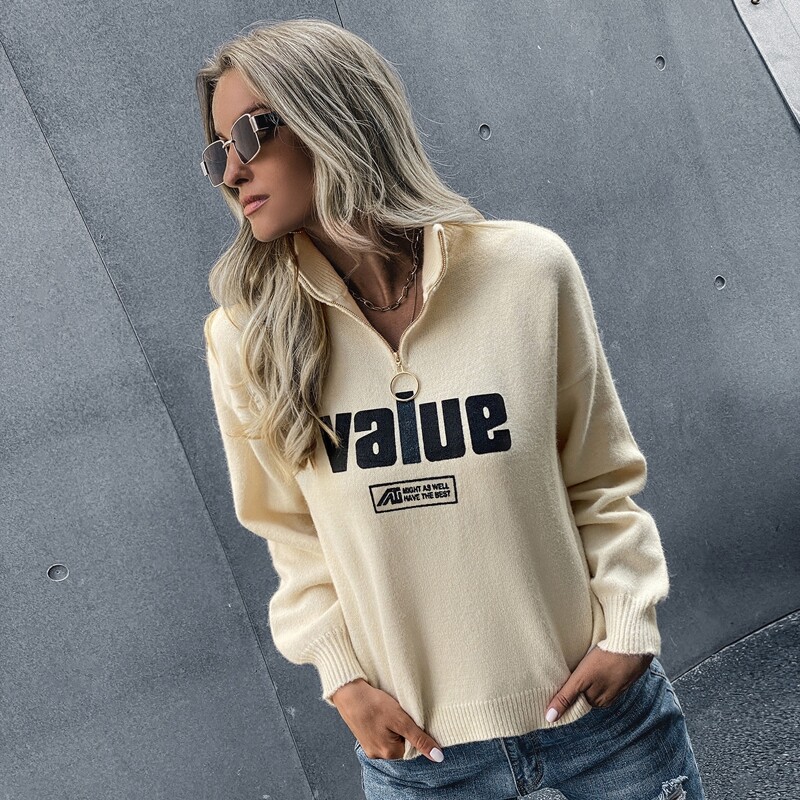 

Letter Pattern O-ring Half Zipper Drop Shoulder Sweater, Beige