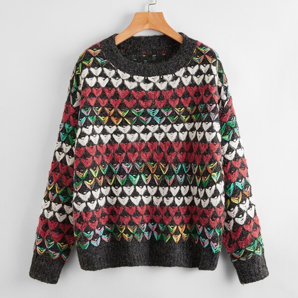 

Geo Pattern Fluffy Knit Sweater, Multicolor