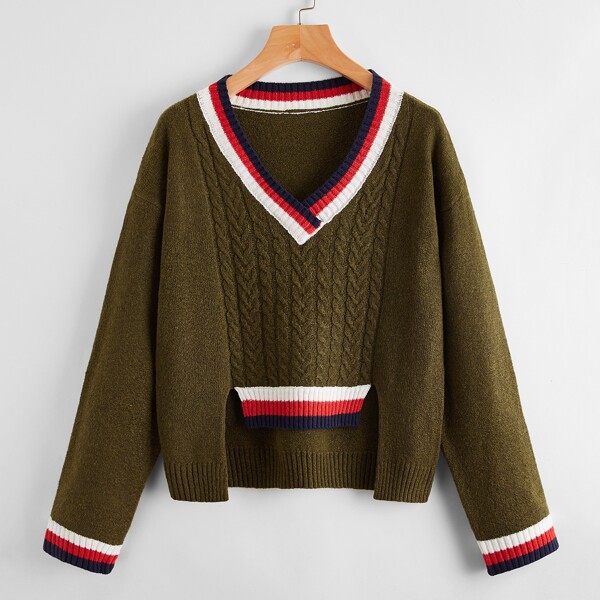 

Striped Cable Knit Asymmetrical Hem Sweater, Army green