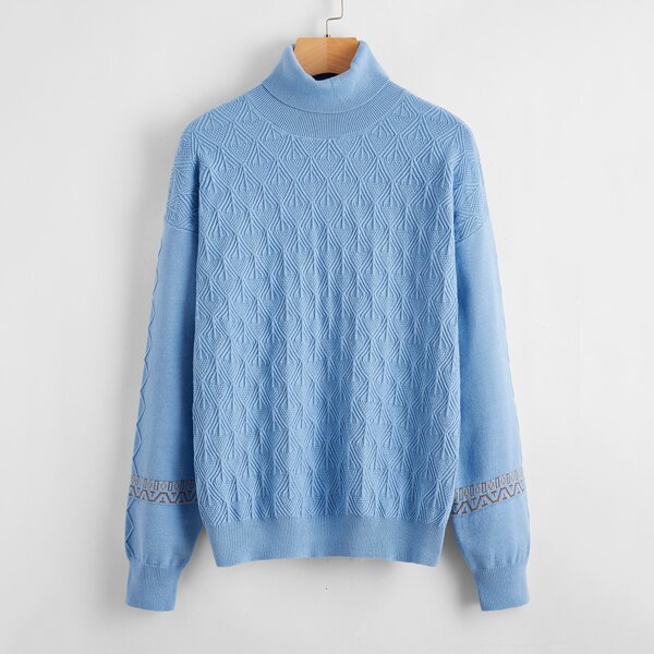 

Geo Pattern Turtleneck Drop Shoulder Sweater, Baby blue