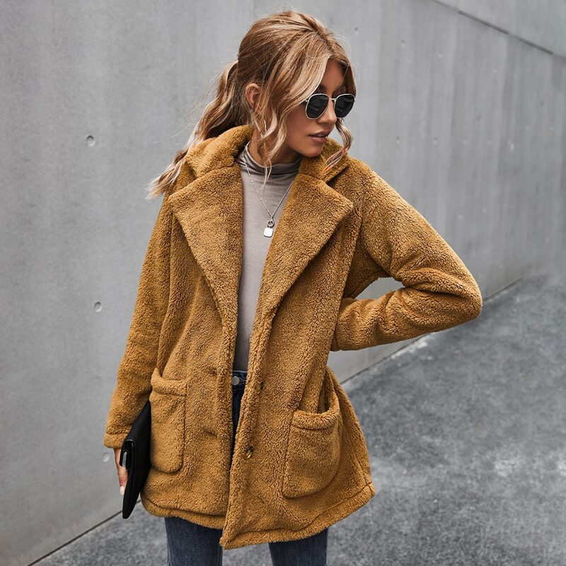 

Lapel Neck Dual Pocket Teddy Coat, Yellow