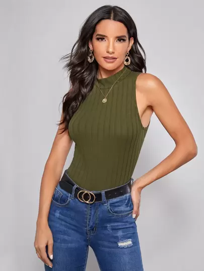 Tank top tejido de canalé de cuello alto