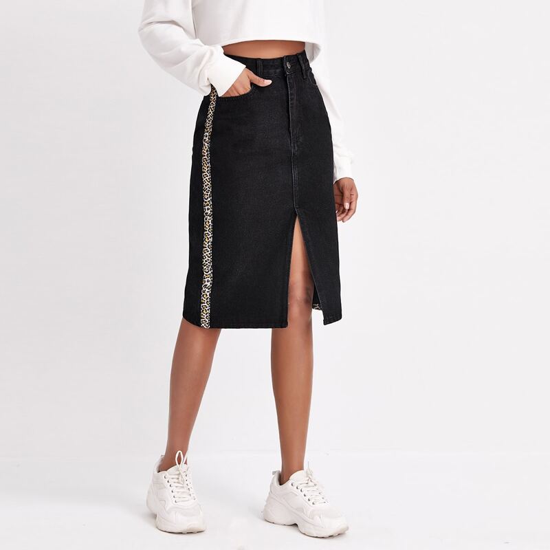 

Leopard Side Split Front Denim Skirt, Black