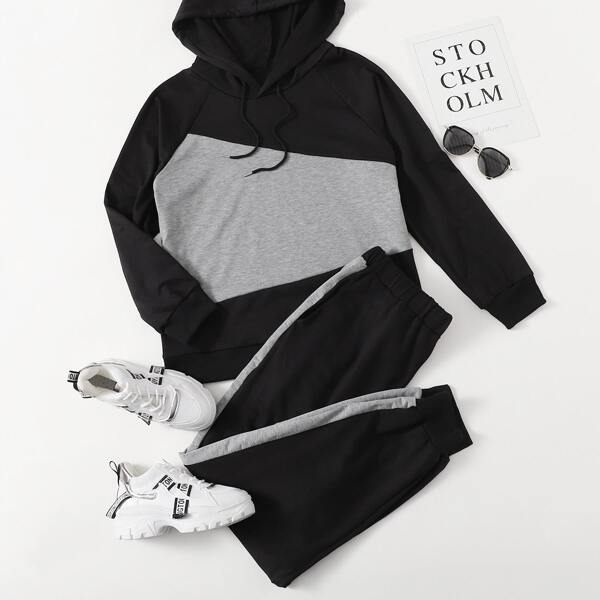 

Plus Two Tone Drawstring Hoodie & Sweatpants, Black