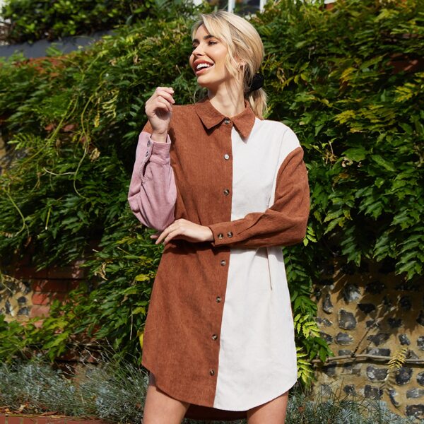 

Drop Shoulder Colorblock Cord Shirt Dress, Multicolor