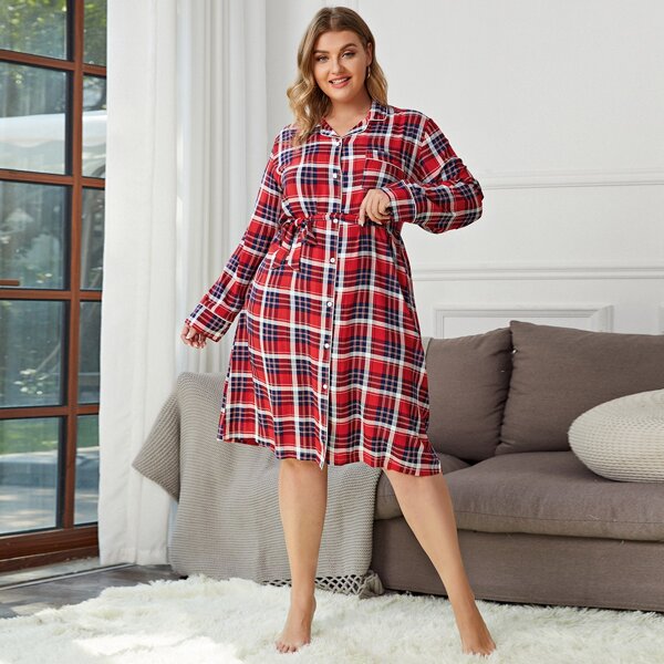 

Plus Button Through Plaid Belted Night Dress, Multicolor