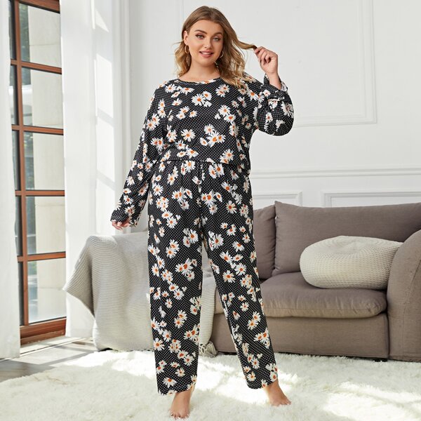 

Plus Daisy Floral & Polka Dot Print Pajama Set, Black