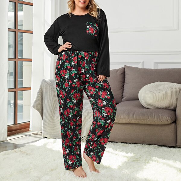 

Plus Contrast Pocket Tee & Floral Pants Pajama Set, Black