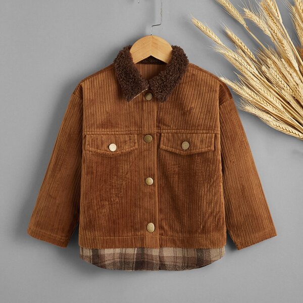 

Toddler Boys Contrast Plaid Panel 2 In 1 Corduroy Jacket, Brown