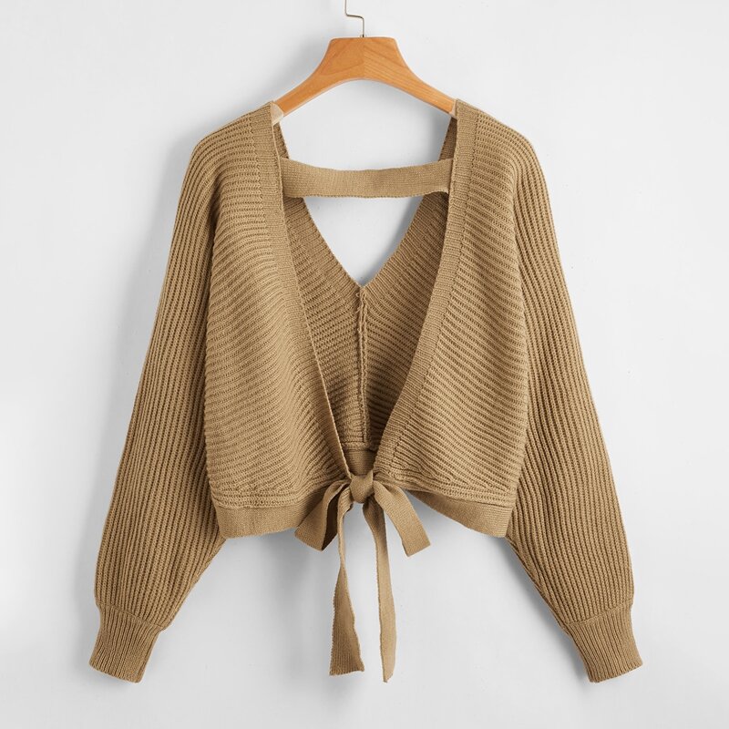 

Tie Back Backless Batwing Sleeve Sweater, Khaki