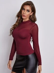 SHEIN Privé Mesh Yoke Solid Tee - Maroon - View 5
