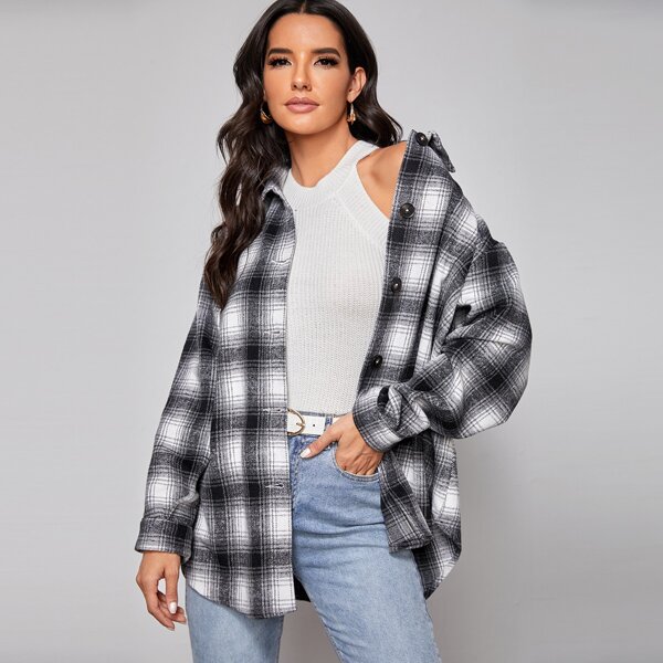 

Collared Buttoned Front Plaid Coat, Black and white