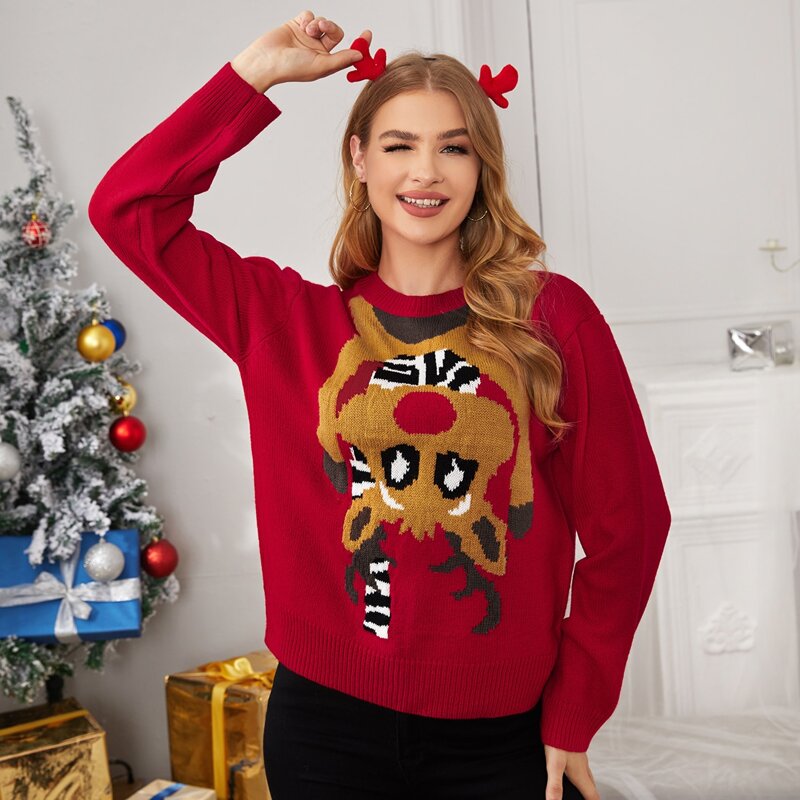 

Christmas Pattern Crew Neck Sweater, Burgundy