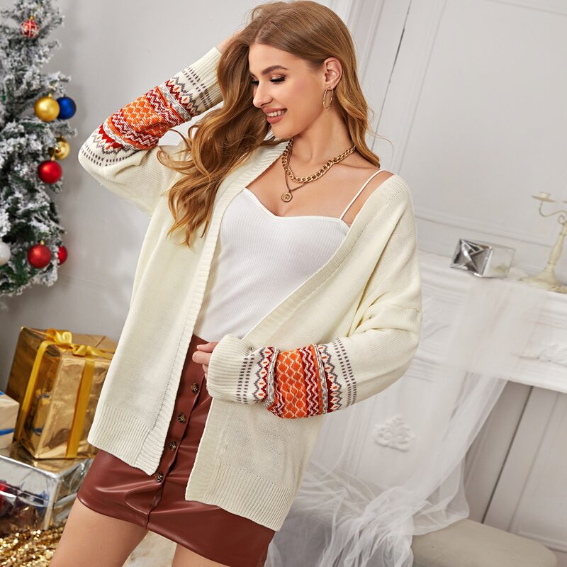 

Geo Pattern Drop Shoulder Cardigan, Beige