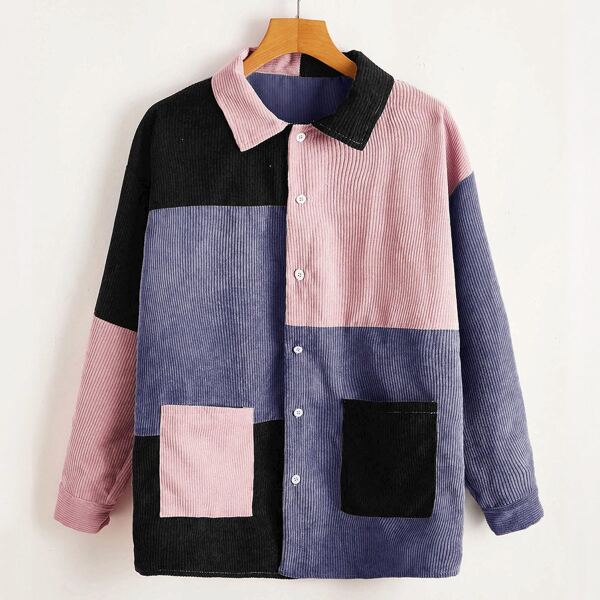 

Plus Color Block Single Breasted Corduroy Blouse, Multicolor