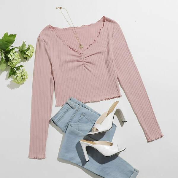 

Lettuce Trim Ruched Front Top, Pink