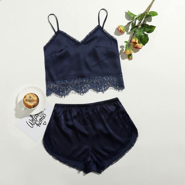 

Lace Trim Satin Cami Top & Shorts PJ Set, Navy blue