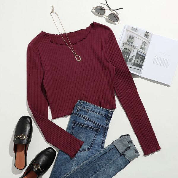 

Lettuce Edge Rib-knit Crop Tee, Maroon