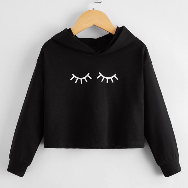 

Toddler Girls Eyelashes Print Drop Shoulder Hoodie, Black