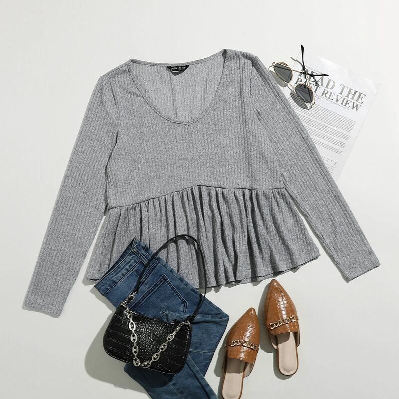 

V Neck Solid Peplum Top, Grey