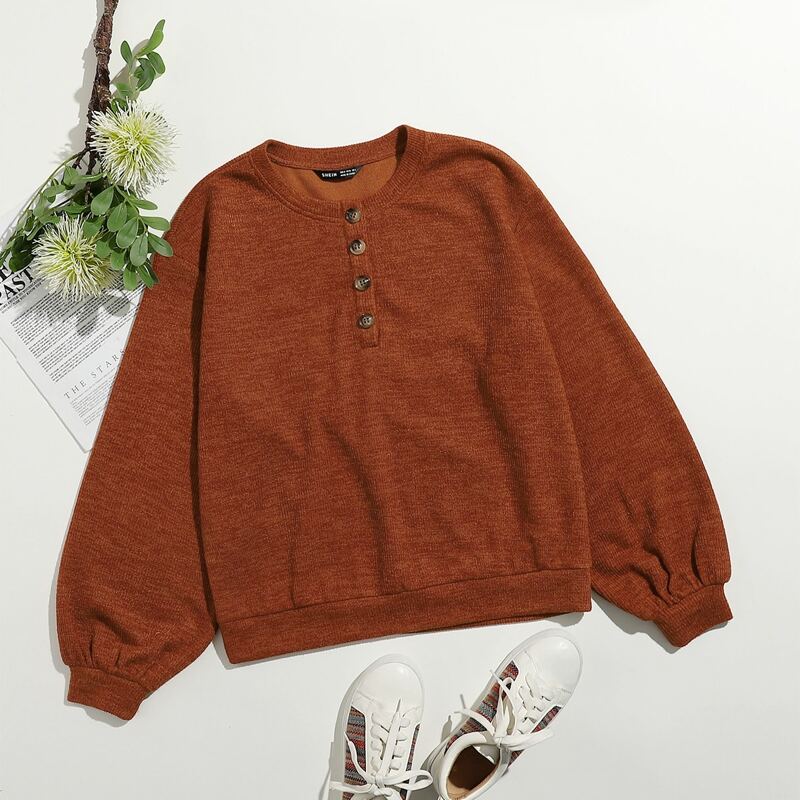 

Solid Button Half Placket Sweatshirt, Rust brown
