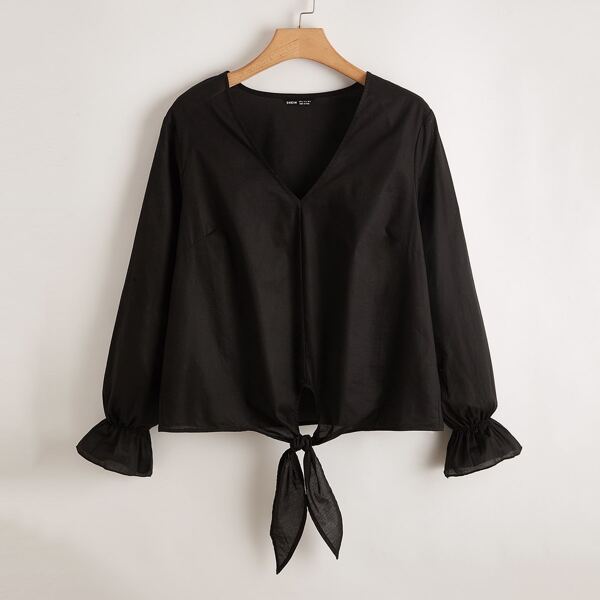 

Plus Solid Flounce Sleeve Knot Hem Blouse, Black