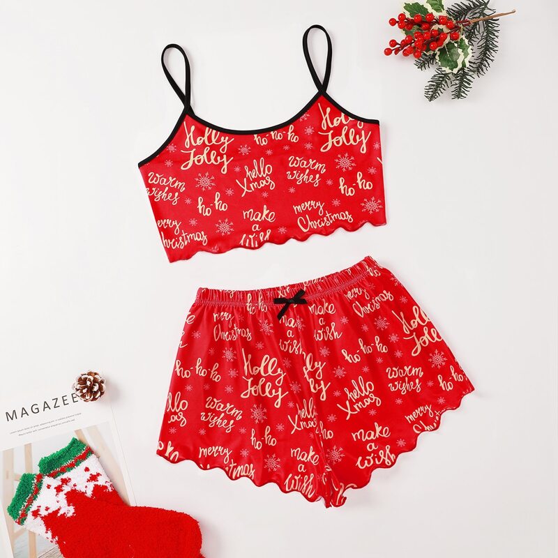 

Letter Graphic Lettuce Trim Cami PJ Set, Red