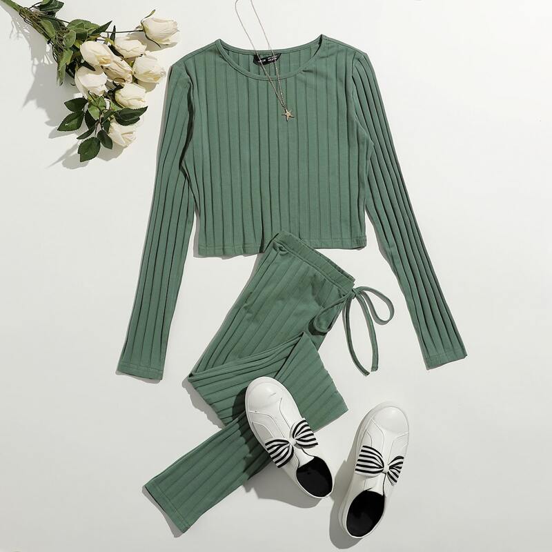 

Solid Rib-knit Tee & Knot Front Leggings Set, Mint green