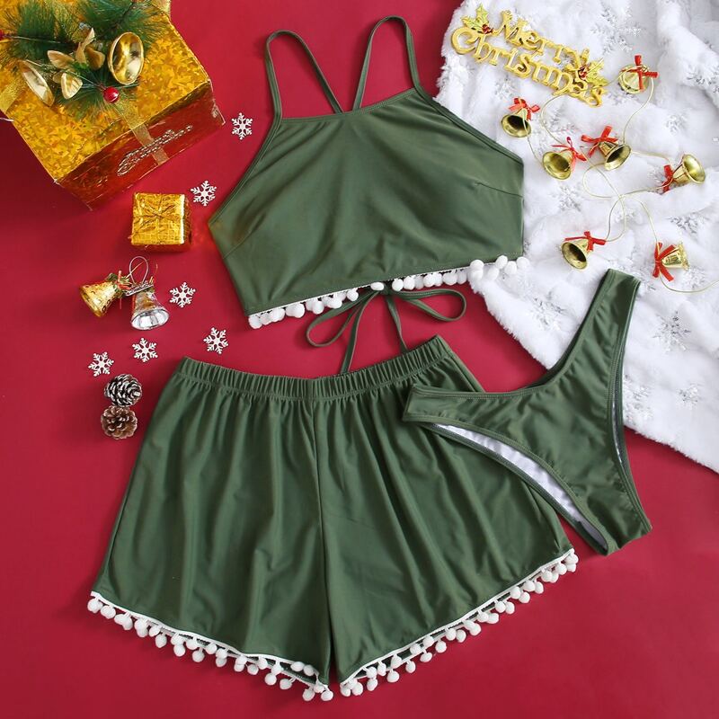

3pack Lace-up Back High Leg Bikini Swimsuit, Army green