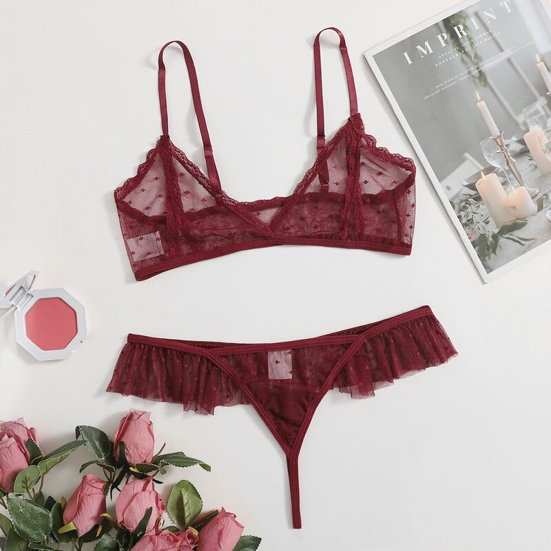 

Clip Dot Ruffle Hem Thong Lingerie Set, Burgundy