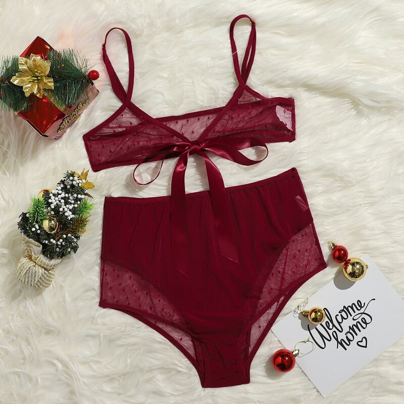 

Clip Dot High Waist Lingerie Set, Burgundy