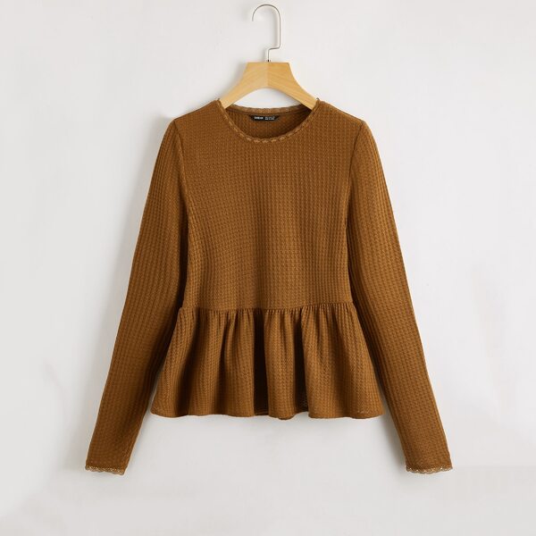 

Waffle Knit Peplum Top, Brown